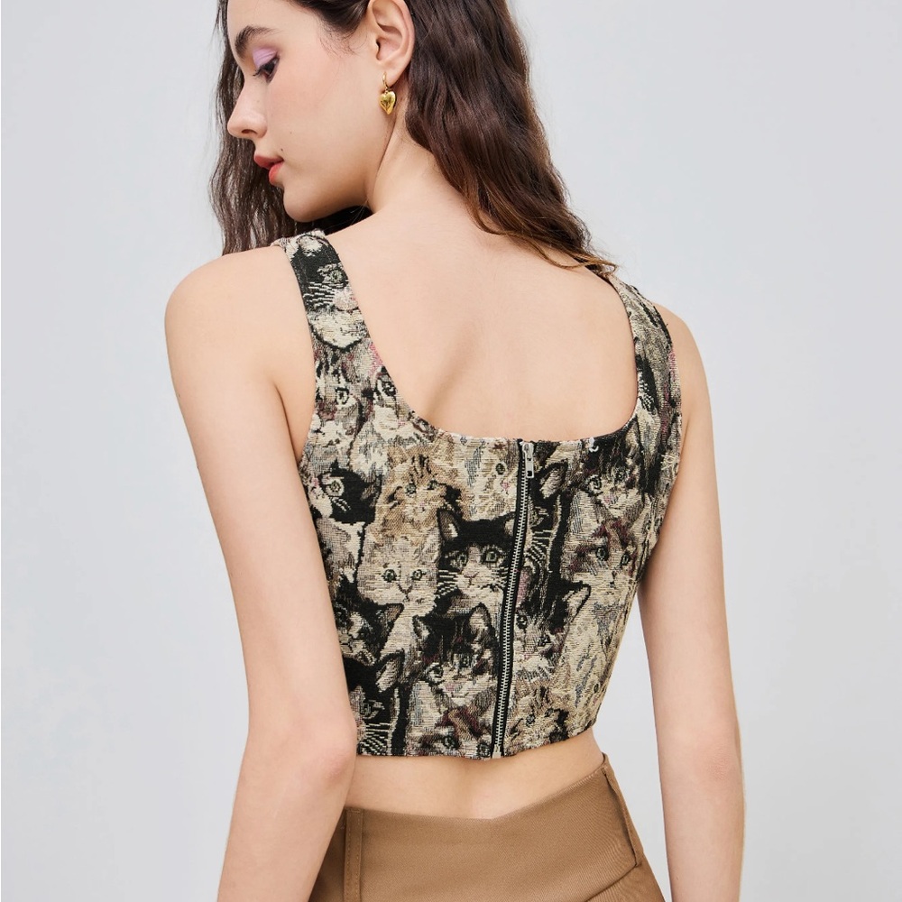 Cider JACQUARD CAT PATTERN CORSET CAMI CROP TOP NWT - Picture 3 of 3